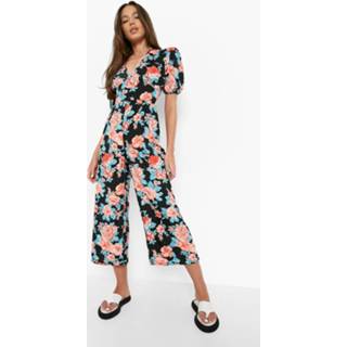 Tropische Culotte Jumpsuit Met Laag Decolleté, Black