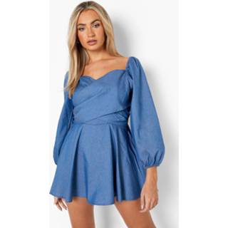 👉 Wrap Volume Sleeve Tiered Denim Romper, Mid Blue