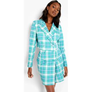 Geruite Korte Getailleerde Pastel Blazer, Emerald