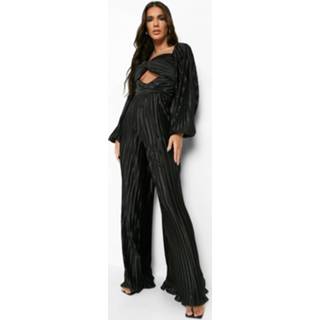 👉 Plisse Wide Leg Jumpsuit Met Uitsnijding, Black