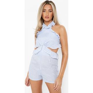 👉 Gingham Romper Met Uitsnijding En Ruches, Light Blue