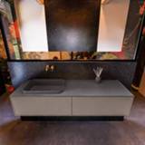 👉 Badmeubel grijs smoke MONDIAZ ERIN 150cm onderkast kleur met 2 lades. Wastafel RIDGE links zonder kraangaten Dark_grey. 6017321566577