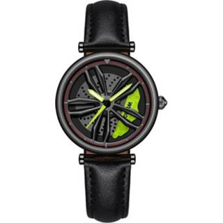 👉 Quartz horloge zwart groen active vrouwen Sanda 1074 3D Hol Wiel Niet-Draaibaar Dial voor Vrouwen, Stijl: Lederen Riem (Zwart Groen)