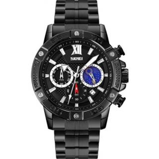 👉 Stopwatch zwart active mannen SKMEI 9235 Heren Moonphase Roestvrijstalen band Quartz horloge (zwart)