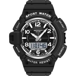 👉 Wekker zwart wit active mannen Sanda 3101 Dual Time Dispay Dial Lichtgevende Timer Elektronisch horloge voor (zwart wit)