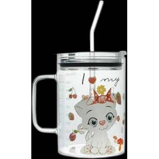 👉 Handvat transparent active kinderen LS-1001 Milk Cup met Ontbijt Cartoon Straw (Transparent Set)