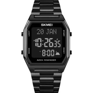 👉 Kalender zwart active SKMEI 1763 Qibla Timing Multifunctionele LED Digitale Display Roestvrijstalen band Lichtgevend Elektronisch Horloge (zwart)