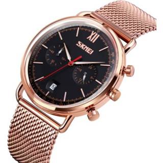 👉 Kalender zwart metalen rose goud active mannen SKMEI 9206 stopwatch lichtgevende wijzer mesh riem quartz horloge voor (rose oppervlak)