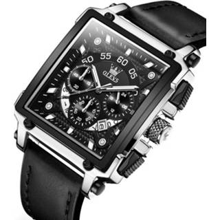 Chronograaf zwart active mannen OLREVS 9919 vierkante wijzerplaat lichtgevende quartz horloge voor (zwart lederen zilverschaal oppervlak)