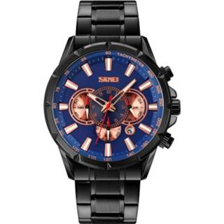 👉 Kalender zwart blauw active mannen SKMEI 9241 Stopwatch Roestvrijstalen band Quartz horloge (zwart blauw)