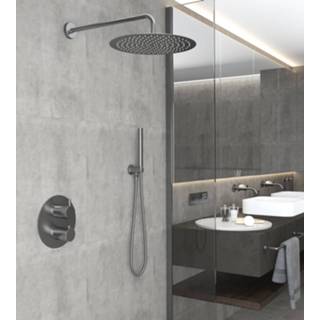 👉 Regendouche IJzer Saniclear Iron inbouw rond met 30cm hoofddouche en muurarm verouderd - gunmetal 7434239497462