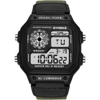 👉 Digitale horloge zwart donkergroen nylon canvas active Synoke 9619b Strap Lichtgevend Waterdicht Digitaal (Black Head Green Belt)