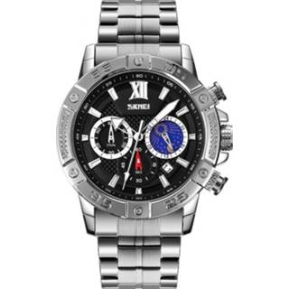👉 Stopwatch zwart zilver active mannen SKMEI 9235 Heren Moonphase Roestvrij staalriem Quartz horloge (zilver zwart)