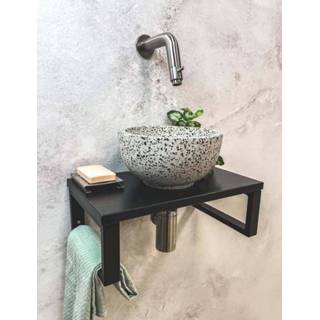 👉 Fonteinset zwart witte RVS Saniclear Lovi met zwart-witte terrazzo waskom en kraan voor in het toilet 7434235561556