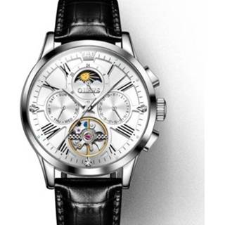 👉 Vliegwiel wit zilver active mannen OLREVS 9912 holle week kalender wijzerplaat lichtgevend mechanisch horloge voor (zilver shell oppervlak)