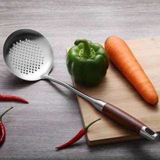 👉 Handvat houten active 304 roestvrijstalen keukengerei keuken apparatuur, stijl: sleuf lepel