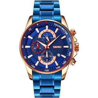 👉 Stopwatch active mannen SKMEI 9250 Heren Moonphase Datum Six Pin Roestvrijstalen riem Quartz horloge (goudblauw)