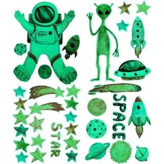 👉 Muursticker groen active 2 Packs AFG3384 Astronaut Alien Ruimteschip Starry Sky Lichtgevende Muursticker, Specificatie: 24x29cm (groen)