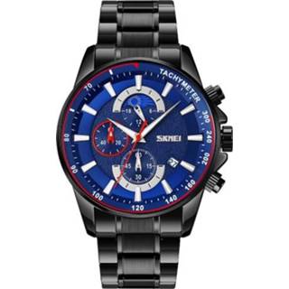 👉 Stopwatch zwart blauw active mannen SKMEI 9250 Heren Moonphase Datum Six Pin Roestvrijstalen riem Quartz horloge (zwart blauw)