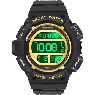 👉 Digitale display zwart goud active mannen Sanda 2106 LED Lichtgevende Wekker Heren Outdoor Sport Electronic Watch (Black Gold)