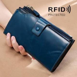 👉 Koppeling blauw wax active vrouwen TP-192 Eerste laag van koeienhuid lange type olie lederen dames retro portemonnee rfid anti-diefstal (Royal Blue)