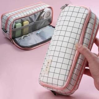 👉 Briefpapier zwart wit active Angoo Double-Open Multi-Layer Potlood Case Multifunctionele Cosmetische Tas (Palm en Wit)