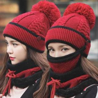 👉 Sjaal rood active vrouwen 3 in 1 vrouwelijke winter tweekleurige warme wollen cap masker en sjaal, grootte: gratis grootte (wijn rood)