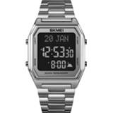 👉 Kalender zwart zilver active SKMEI 1763 Qibla Timing Multifunctionele LED Digitale Display Roestvrijstalen riem Lichtgevend elektronisch horloge (zilver en zwart)