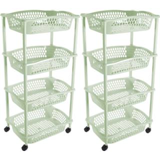 👉 Trolley tgroen kunststof mannen 2x stuks keuken opberg trolleys/roltafels met 4 manden 86 cm mintgroen