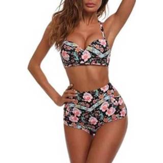 👉 Bikini zwart s active Sexy bloemen bedrukte hoog getailleerde halter badpak gewatteerde badmode strand Braziliaans badpak, kleur: (S)