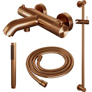 👉 Thermostaatkraan PVD Brauer Copper Carving opbouw baddouche SET 01 met glijstang en staaf handdouche doucheslang koper geborsteld 8720359391643