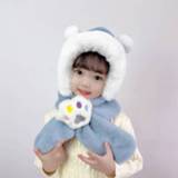 👉 Hoed blauw pluche active kinderen Winter cartoon kat poot en sjaal geïntegreerd, maat: ongeveer 50-54cm (blauw)
