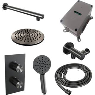 👉 Thermostaat PVD Brauer Gunmetal Edition inbouwset met 3-weg - hoofddouche 20cm rechte wandarm 40cm ronde 3-standen handdouche wandaansluiting geborsteld 8720359381545