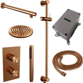 👉 Thermostaat PVD Brauer Copper Carving inbouwset met 3-weg - hoofddouche 20cm rechte wandarm 40cm staafhanddouche glijstang aansluitbocht geborsteld koper 8720359392190