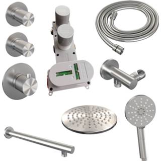👉 Inbouw doucheset RVS PVD Brauer Brushed Carving thermostatische - hoofddouche 20cm rechte wandarm 3 standen handdouche rond geborsteld 8720359394088