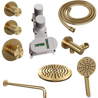 👉 Inbouw doucheset PVD goud Brauer Gold Carving thermostatische - hoofddouche 20cm gebogen wandarm 3 standen handdouche rond geborsteld 8720359390813