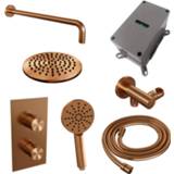 👉 Brauer Copper Carving inbouwset met 3-weg thermostaat - hoofddouche 20cm - gebogen wandarm 40cm - ronde 3-standen handdouche - wandaansluiting - geborsteld koper PVD