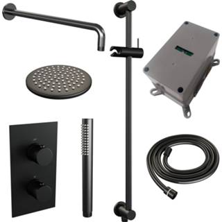 👉 Brauer Black Carving inbouwset met 3-weg thermostaat - hoofddouche 20cm - gebogen wandarm 40cm - staafhanddouche - glijstang met aansluitbocht - mat zwart