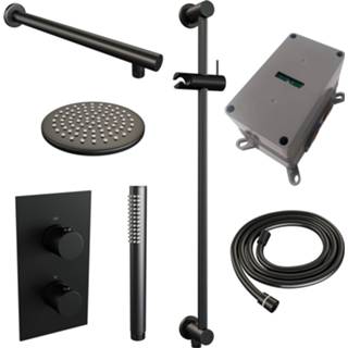 👉 Brauer Black Carving inbouwset met 3-weg thermostaat - hoofddouche 20cm - rechte wandarm 40cm - staafhanddouche - glijstang met aansluitbocht - mat zwart