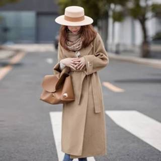 👉 Wollen jas active vrouwen Winter Solid Color Dubbelzijdige Mid-Length Losse met riem voor (kleur: kameelgrootte: m)