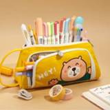 👉 Briefpapier canvas active Angoo Large-Capaciteit Case met Side Window Student Pencil Storage Bag (Beckoning Bear)