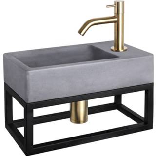 👉 Fonteinset grijs Differnz Force met handdoekrek en gebogen kraan mat goud 40 x 22 9 cm, beton donkergrijs
