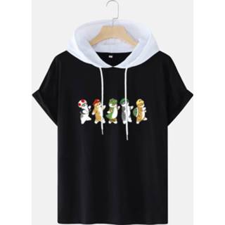 Short sleeve polyester XL male zwart Mens Cartoon Cat Graphics Contrast Hooded T-Shirts