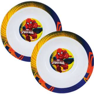 👉 Bord multi melamine kinderen peuters Set van 4x stuks diep kinder/peuter ontbijt bordje/kommetje Spiderman 16 cm