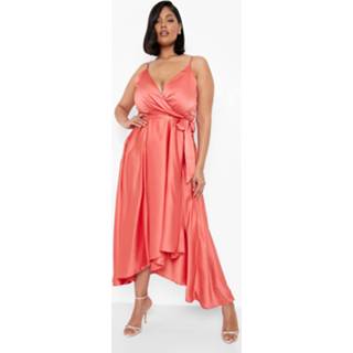 👉 Plus Satijnen Skater Jurk Met Ceintuur En Langere Achter Zoom, Coral