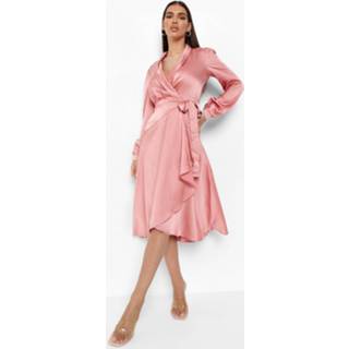 👉 Skater jurk roze Dusty Pink Satijnen Midi Wikkel Jurk,