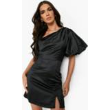 👉 Satijnen Skater Jurk Met Eén Blote Schouder En Pofmouwen, Black