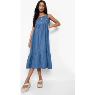 👉 Zwangerschap Chambray Midi Jurk Met Schouderstrikjes, Mid Blue
