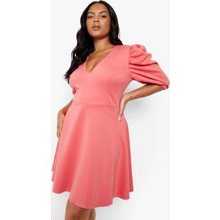 👉 Plus Scuba Skater Jurk Met Pofmouwen, Coral