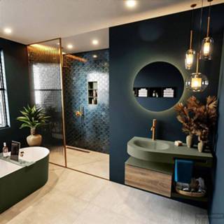 👉 Badmeubel ocher MONDIAZ RIVA 100cm onderkast / planchet kleur met 1 lade. Wastafel DULCET links kraangat Smoke. 6017314777775